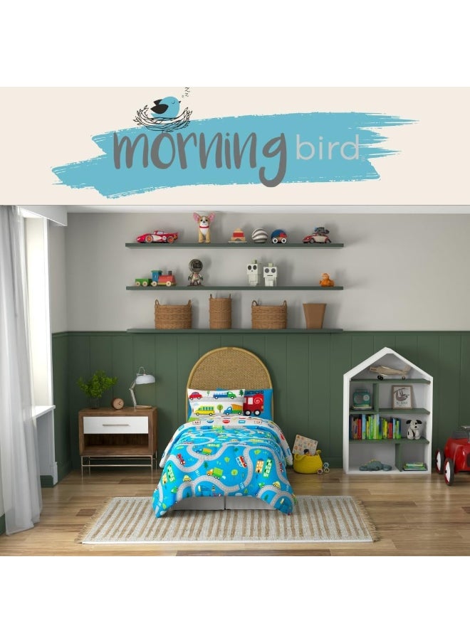 Franco Morning Bird Kids Cute Transport Cartoon Cars 5 Piece Super Soft Comforter and Sheet Set with Sham, Twin