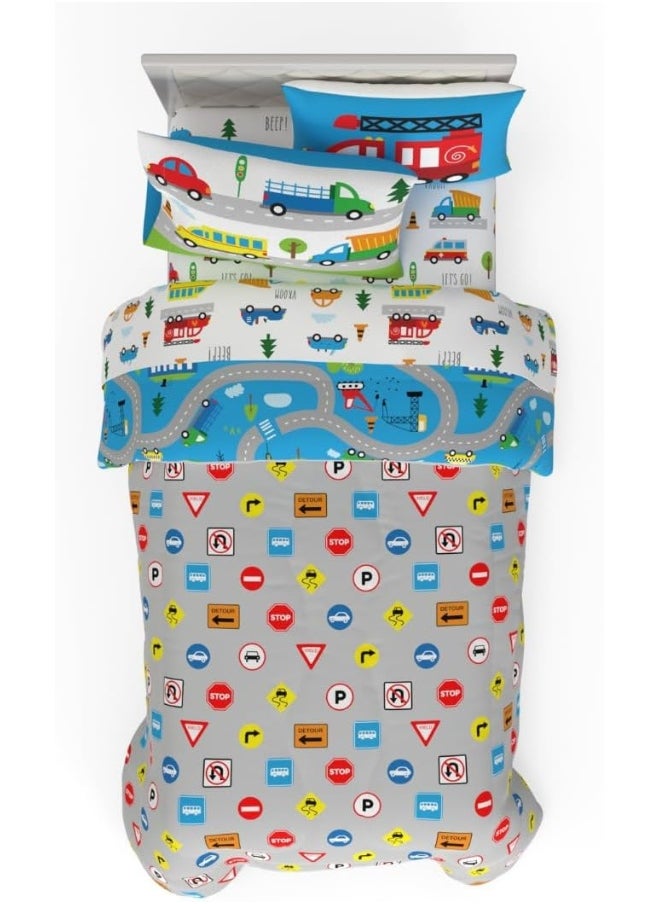 Franco Morning Bird Kids Cute Transport Cartoon Cars 5 Piece Super Soft Comforter and Sheet Set with Sham, Twin