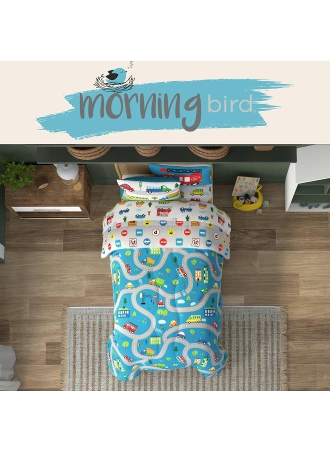 Franco Morning Bird Kids Cute Transport Cartoon Cars 5 Piece Super Soft Comforter and Sheet Set with Sham, Twin