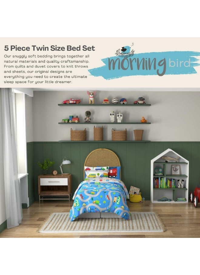 Franco Morning Bird Kids Cute Transport Cartoon Cars 5 Piece Super Soft Comforter and Sheet Set with Sham, Twin