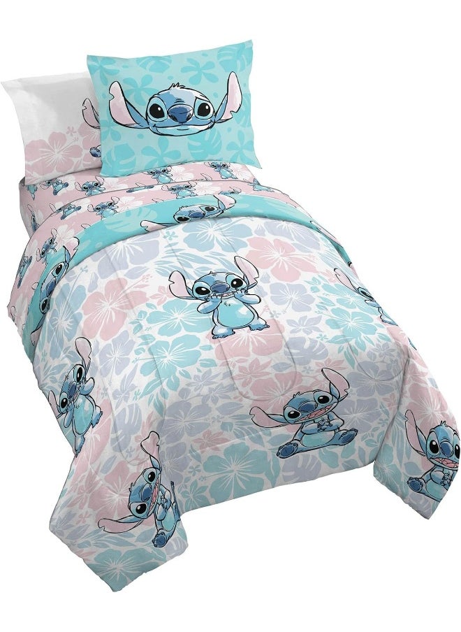 Jay Franco Disney Lilo & Stitch Twin Comforter Set - 5 Piece Bedding Includes Sheet Set & Pillow Covers - Super Soft Kids Floral Bedding