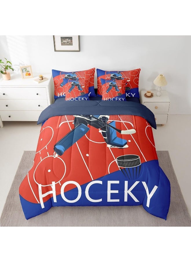 Feelyou Ice Hockey Bed Set Includes Comforter, Sheet Set, Pillowcases & Pillow Covers Winter Sports 7 Piece Bedding Set Teens Room Decor Ice Sports Games Bed in a Bag Full Size Hockey Player