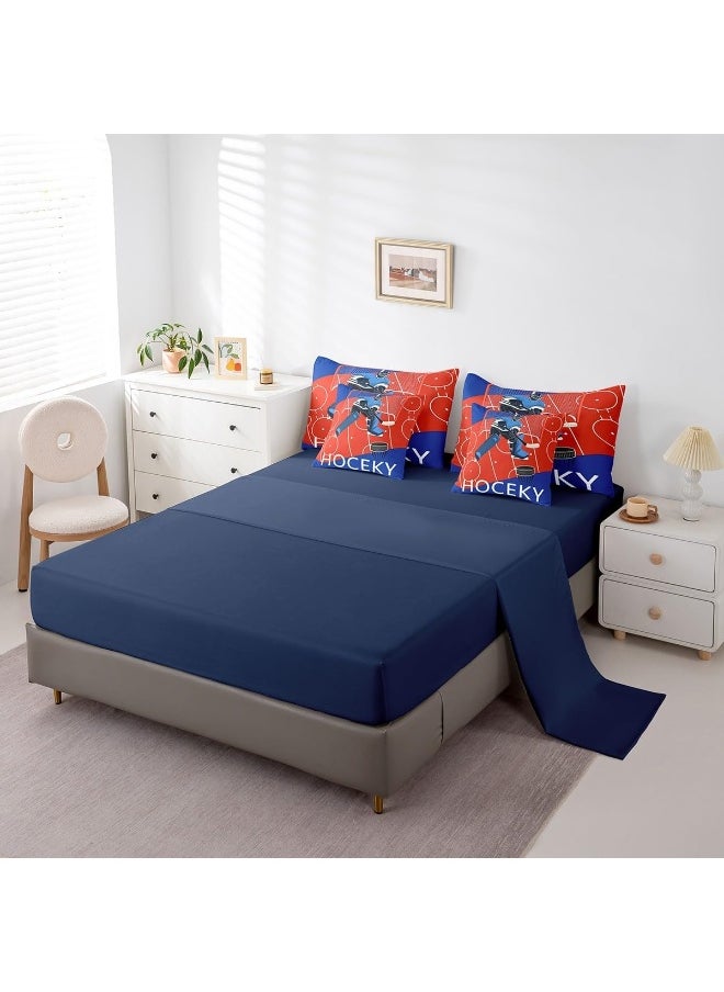 Feelyou Ice Hockey Bed Set Includes Comforter, Sheet Set, Pillowcases & Pillow Covers Winter Sports 7 Piece Bedding Set Teens Room Decor Ice Sports Games Bed in a Bag Full Size Hockey Player