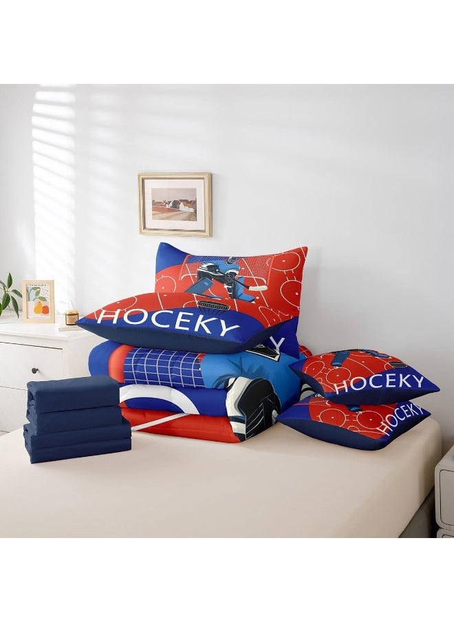 Feelyou Ice Hockey Bed Set Includes Comforter, Sheet Set, Pillowcases & Pillow Covers Winter Sports 7 Piece Bedding Set Teens Room Decor Ice Sports Games Bed in a Bag Full Size Hockey Player