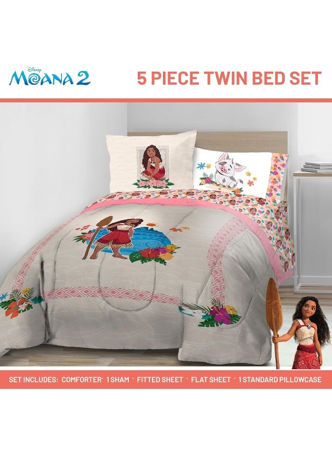 Jay Franco Disney Moana Twin Comforter Set - 5 Piece Bedding Includes Sheet Set & Pillow Covers - Super Soft Floral Cozy Bedding