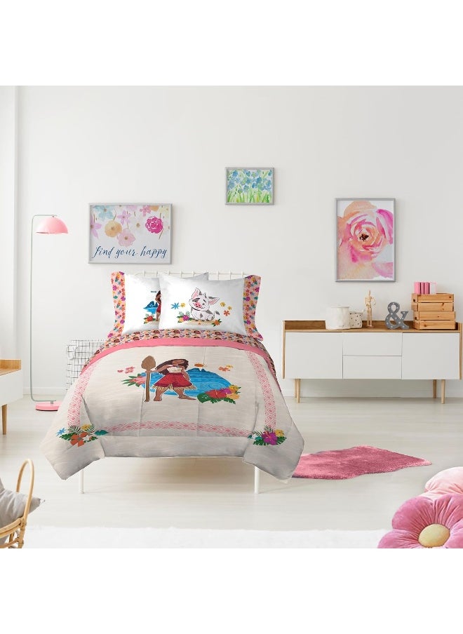 Jay Franco Disney Moana Twin Comforter Set - 5 Piece Bedding Includes Sheet Set & Pillow Covers - Super Soft Floral Cozy Bedding