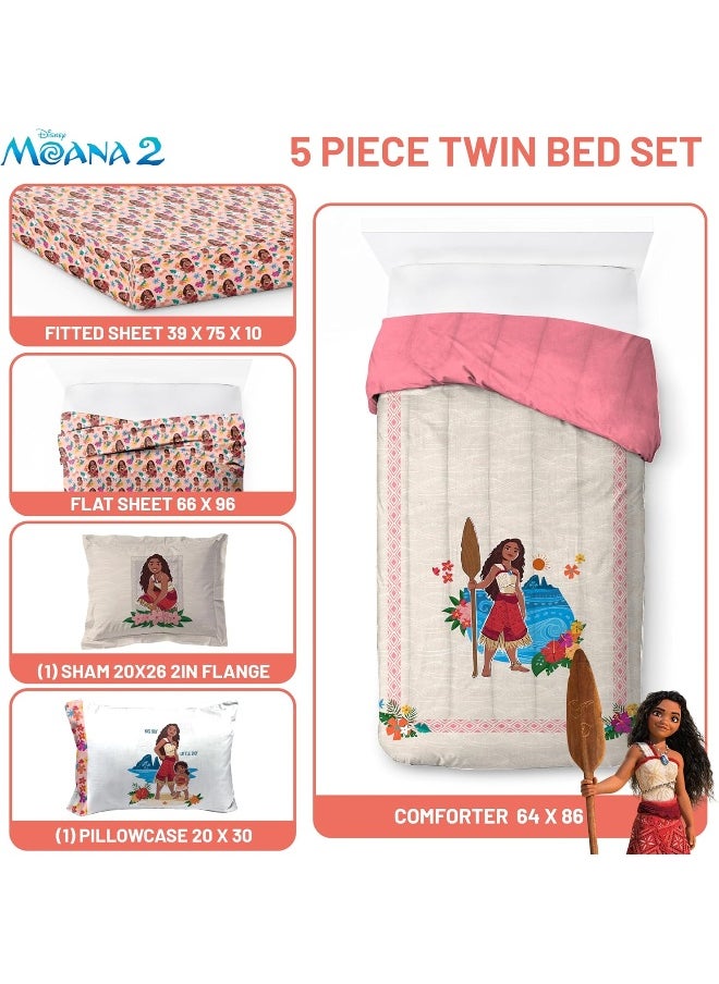 Jay Franco Disney Moana Twin Comforter Set - 5 Piece Bedding Includes Sheet Set & Pillow Covers - Super Soft Floral Cozy Bedding