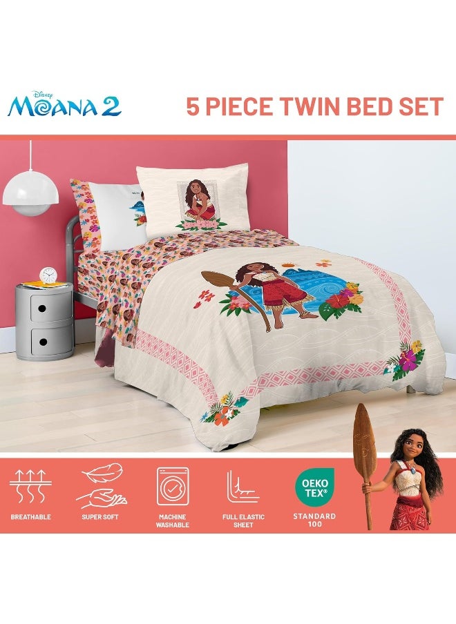 Jay Franco Disney Moana Twin Comforter Set - 5 Piece Bedding Includes Sheet Set & Pillow Covers - Super Soft Floral Cozy Bedding