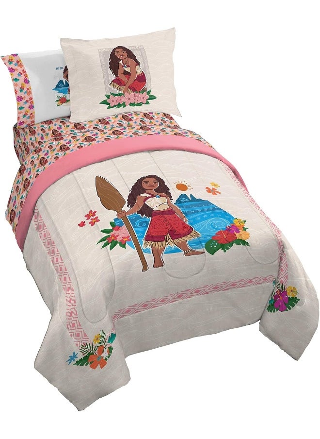 Jay Franco Disney Moana Twin Comforter Set - 5 Piece Bedding Includes Sheet Set & Pillow Covers - Super Soft Floral Cozy Bedding
