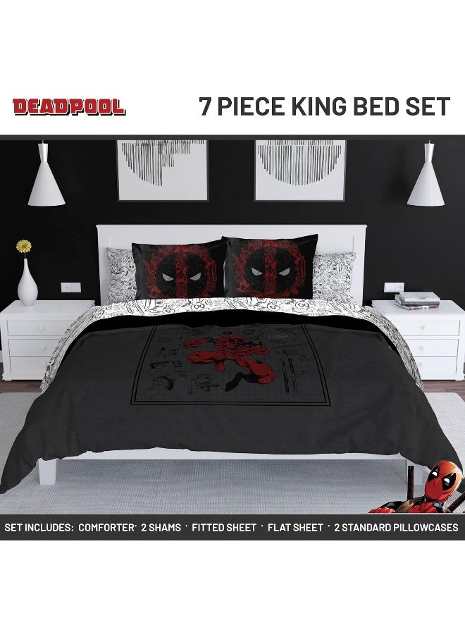 Jay Franco Marvel Deadpool King Size Comforter Set - 7 Piece Bedding includes Sheet Set and Pillow Covers - Gray and Red Super Soft Cozy Bedding