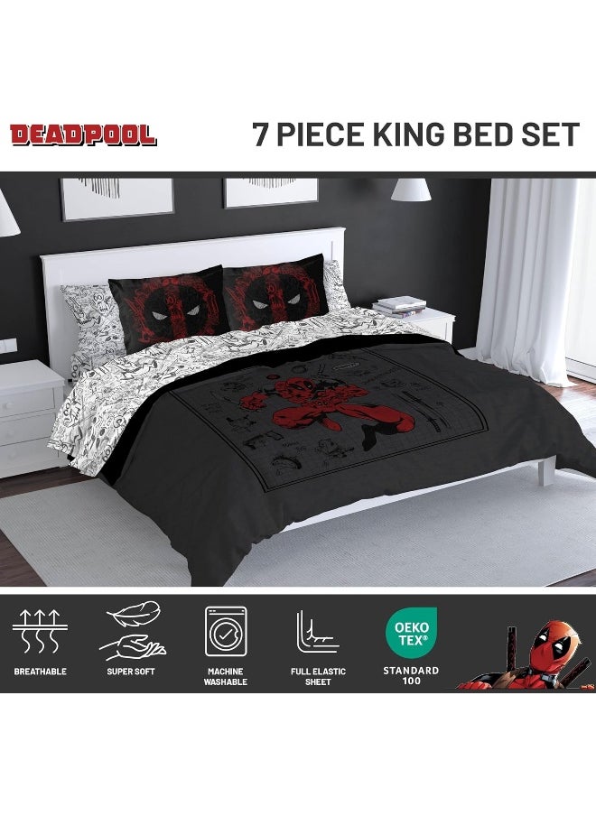 Jay Franco Marvel Deadpool King Size Comforter Set - 7 Piece Bedding includes Sheet Set and Pillow Covers - Gray and Red Super Soft Cozy Bedding