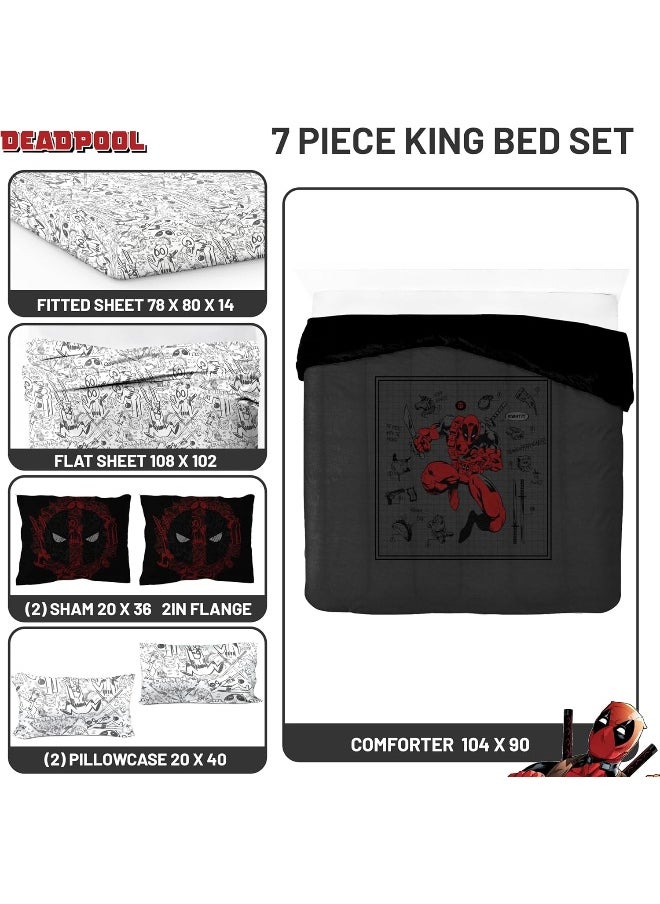 Jay Franco Marvel Deadpool King Size Comforter Set - 7 Piece Bedding includes Sheet Set and Pillow Covers - Gray and Red Super Soft Cozy Bedding