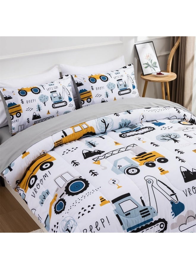 NTBED 5 Pieces Construction Truck Full Comforter Set for Boys Kids Forest Vehicles Excavator Lightweight Microfiber Bedding Sets