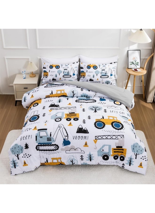 NTBED 5 Pieces Construction Truck Full Comforter Set for Boys Kids Forest Vehicles Excavator Lightweight Microfiber Bedding Sets