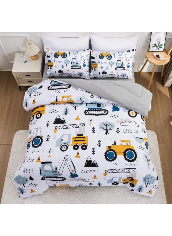 NTBED 5 Pieces Construction Truck Full Comforter Set for Boys Kids Forest Vehicles Excavator Lightweight Microfiber Bedding Sets