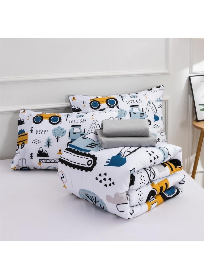 NTBED 5 Pieces Construction Truck Full Comforter Set for Boys Kids Forest Vehicles Excavator Lightweight Microfiber Bedding Sets