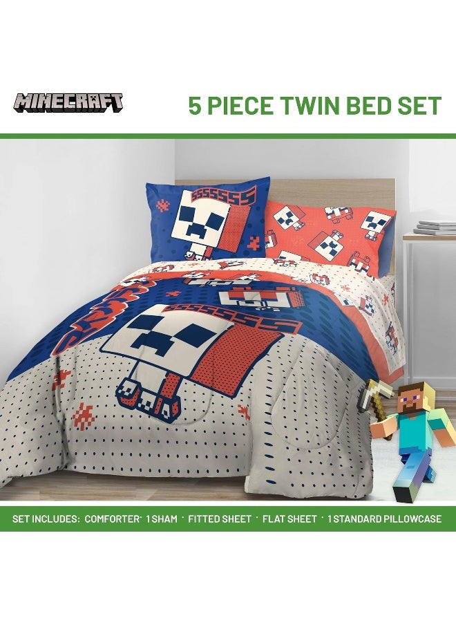 Jay Franco Minecraft Creeper Twin Comforter Set - 5 Piece Bedding Includes Sheet Set & Pillow Covers - Super Soft Red & Blue Oishi Market Kids Bedding