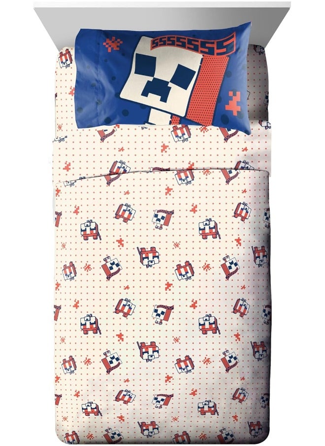 Jay Franco Minecraft Creeper Twin Comforter Set - 5 Piece Bedding Includes Sheet Set & Pillow Covers - Super Soft Red & Blue Oishi Market Kids Bedding