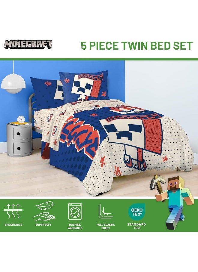 Jay Franco Minecraft Creeper Twin Comforter Set - 5 Piece Bedding Includes Sheet Set & Pillow Covers - Super Soft Red & Blue Oishi Market Kids Bedding