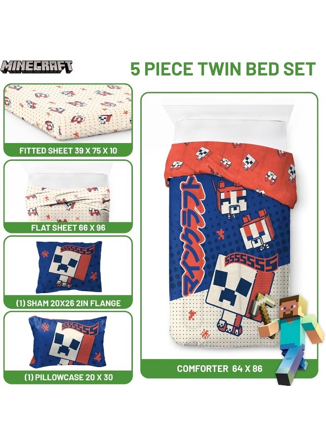 Jay Franco Minecraft Creeper Twin Comforter Set - 5 Piece Bedding Includes Sheet Set & Pillow Covers - Super Soft Red & Blue Oishi Market Kids Bedding