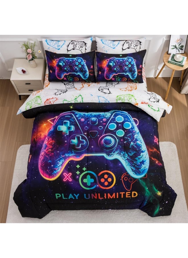 NTBED Game Console Comforter Set for Boys Girls Kids Space Galaxy Gaming 5 Pieces Bed in a Bag Lightweight Microfiber Gamer Bedding Comforter with Sheet (Purple, Twin 5pcs)