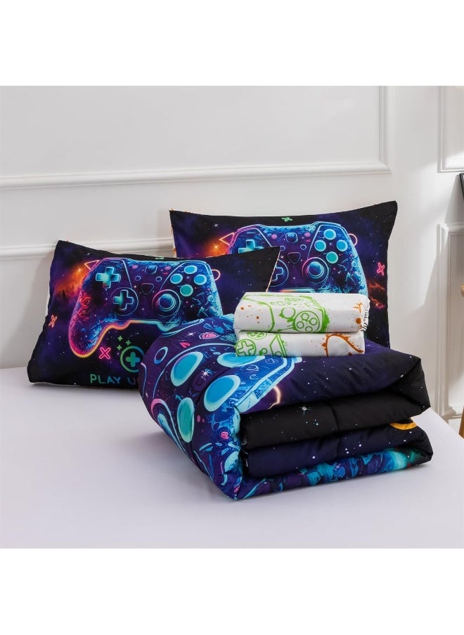 NTBED Game Console Comforter Set for Boys Girls Kids Space Galaxy Gaming 5 Pieces Bed in a Bag Lightweight Microfiber Gamer Bedding Comforter with Sheet (Purple, Twin 5pcs)