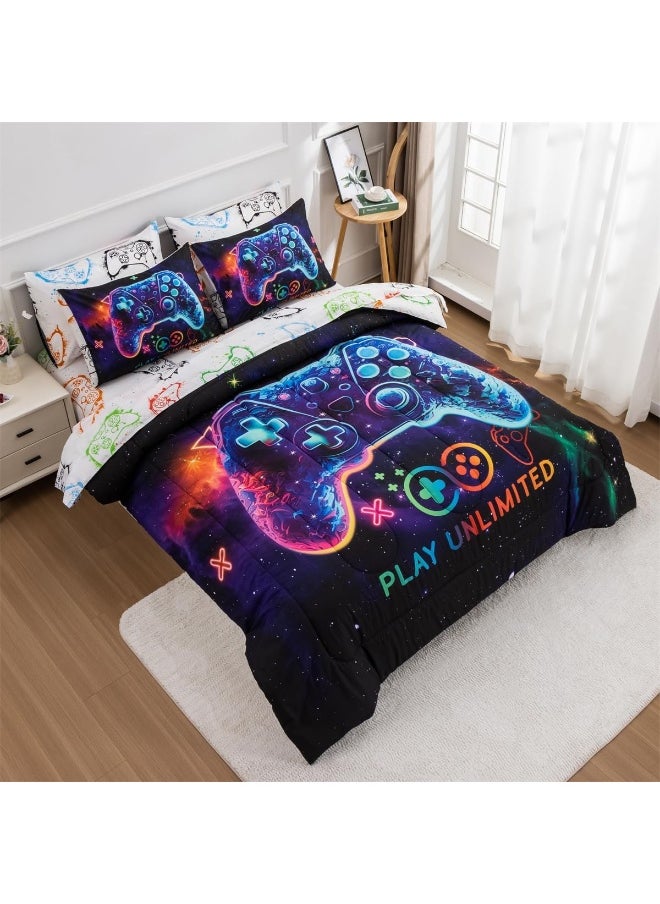 NTBED Game Console Comforter Set for Boys Girls Kids Space Galaxy Gaming 5 Pieces Bed in a Bag Lightweight Microfiber Gamer Bedding Comforter with Sheet (Purple, Twin 5pcs)