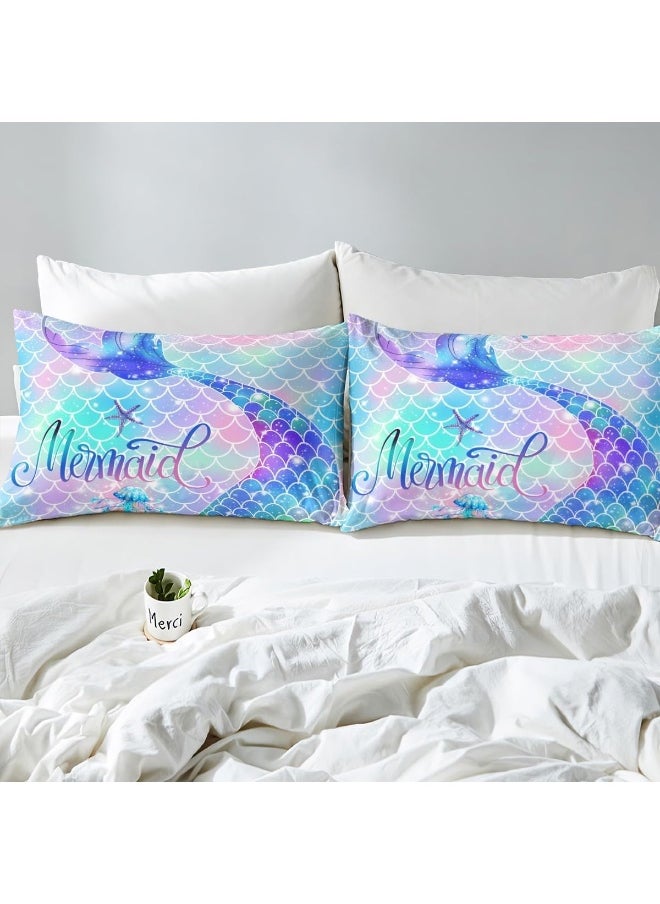 Erosebridal Mermaid Tail Glitter Comforter Set Teal Blue Rainbow Mermaid Fish Scale Girls Bedding Set Twin