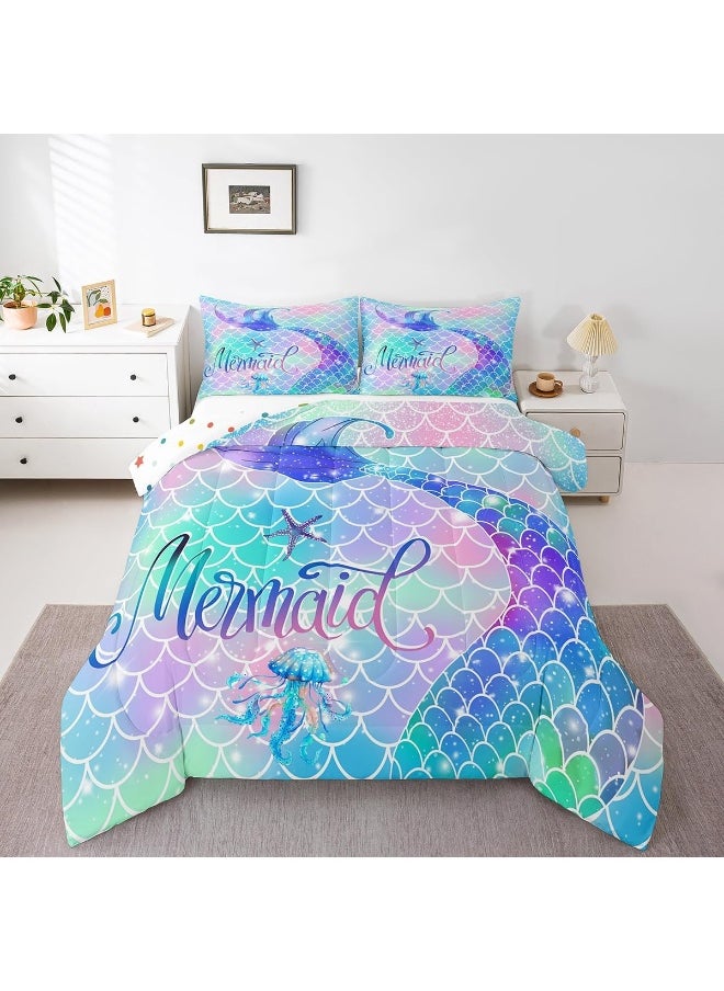 Erosebridal Mermaid Tail Glitter Comforter Set Teal Blue Rainbow Mermaid Fish Scale Girls Bedding Set Twin