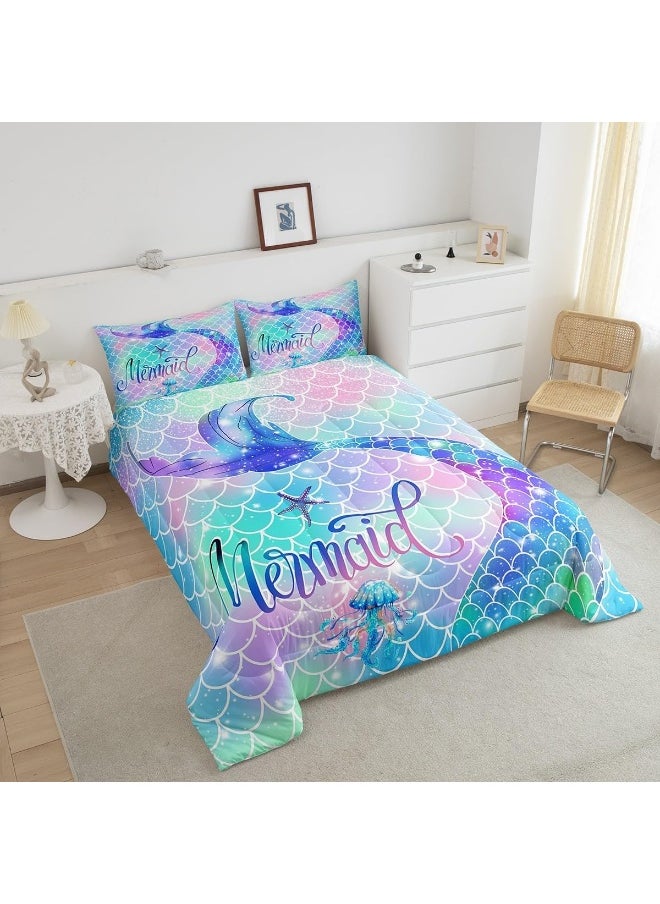 Erosebridal Mermaid Tail Glitter Comforter Set Teal Blue Rainbow Mermaid Fish Scale Girls Bedding Set Twin