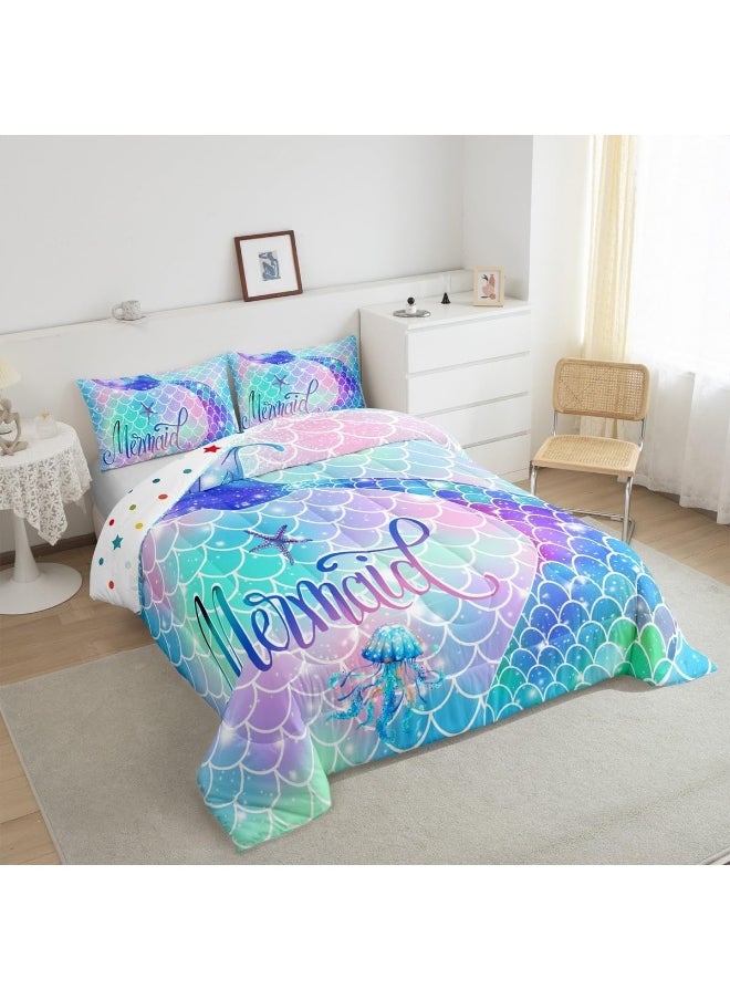 Erosebridal Mermaid Tail Glitter Comforter Set Teal Blue Rainbow Mermaid Fish Scale Girls Bedding Set Twin