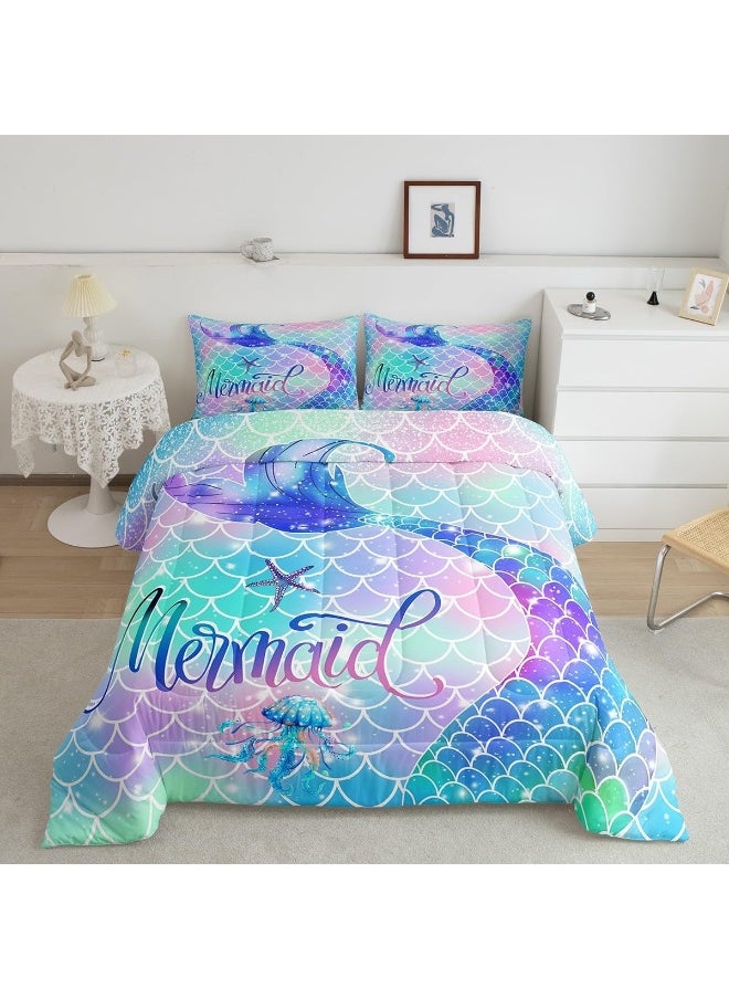 Erosebridal Mermaid Tail Glitter Comforter Set Teal Blue Rainbow Mermaid Fish Scale Girls Bedding Set Twin