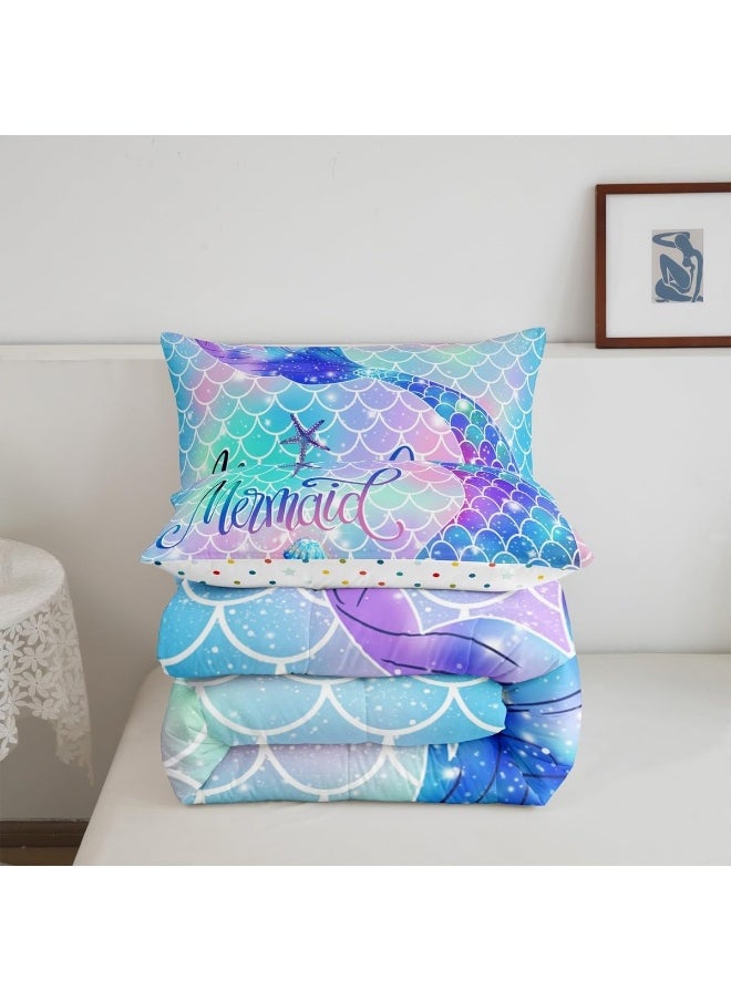 Erosebridal Mermaid Tail Glitter Comforter Set Teal Blue Rainbow Mermaid Fish Scale Girls Bedding Set Twin