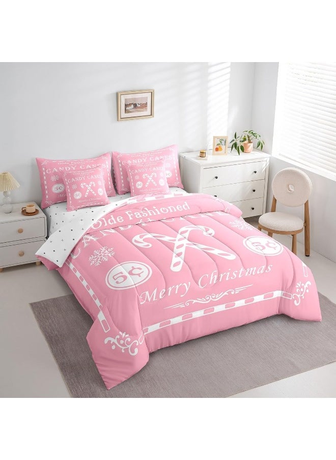 Feelyou Christmas Bedding Set 7 Pieces Full Size Kids Christmas Quote Bedding Set Teens Candy Canes Print Comforter Set Xmas Pink White Bed in a Bag