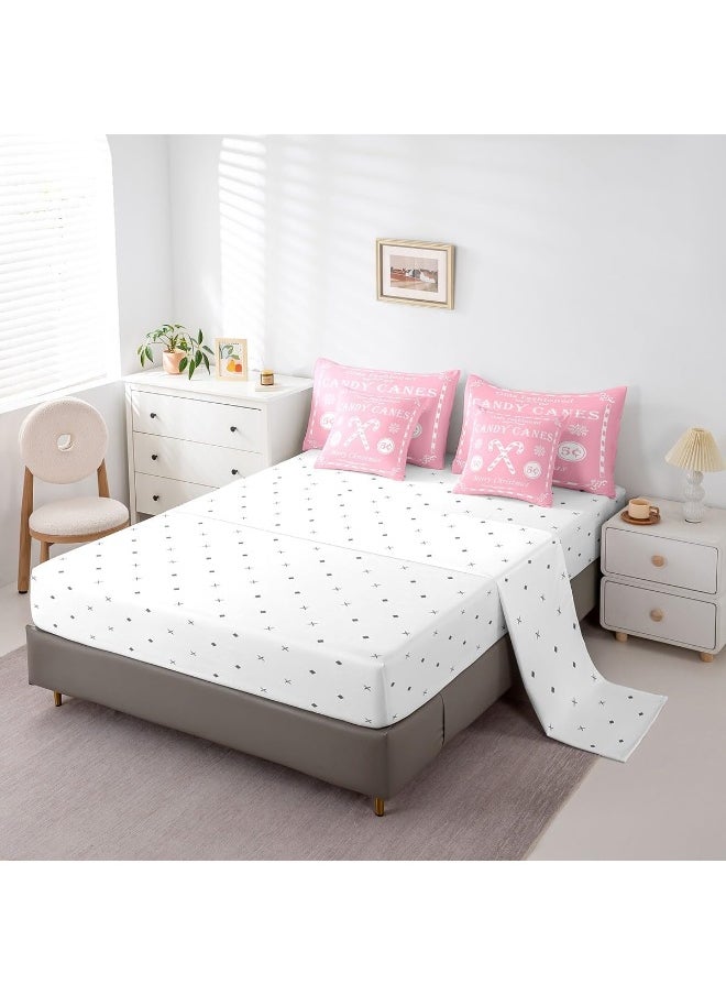 Feelyou Christmas Bedding Set 7 Pieces Full Size Kids Christmas Quote Bedding Set Teens Candy Canes Print Comforter Set Xmas Pink White Bed in a Bag