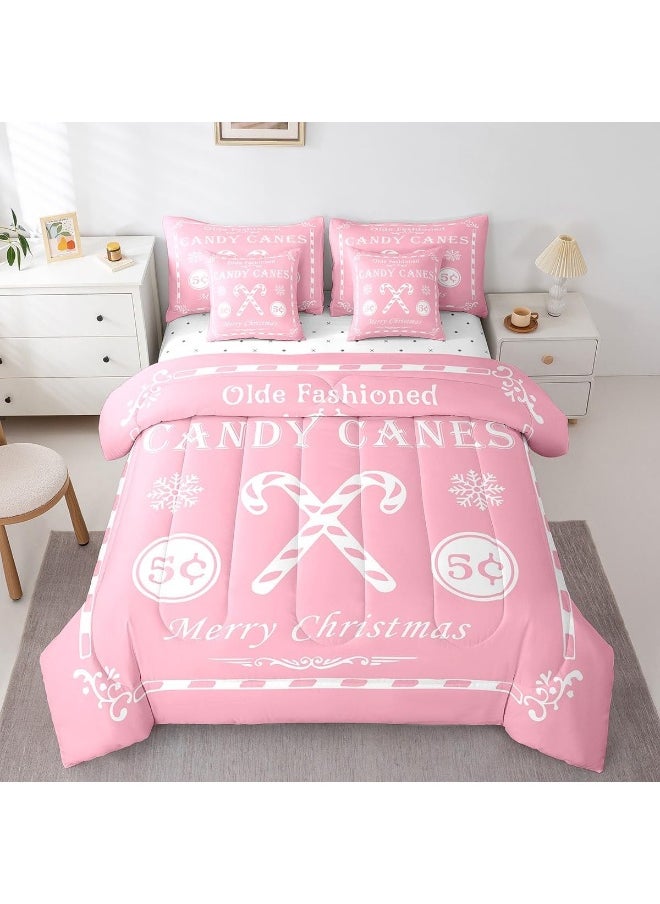 Feelyou Christmas Bedding Set 7 Pieces Full Size Kids Christmas Quote Bedding Set Teens Candy Canes Print Comforter Set Xmas Pink White Bed in a Bag