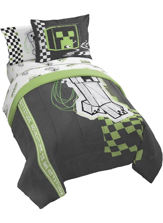 Jay Franco Minecraft Creeper Twin Comforter Set - 5 Piece Bedding Includes Sheet Set & Pillow Covers - Super Soft Green & Gray Bedding