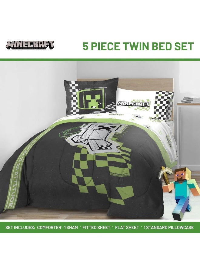 Jay Franco Minecraft Creeper Twin Comforter Set - 5 Piece Bedding Includes Sheet Set & Pillow Covers - Super Soft Green & Gray Bedding