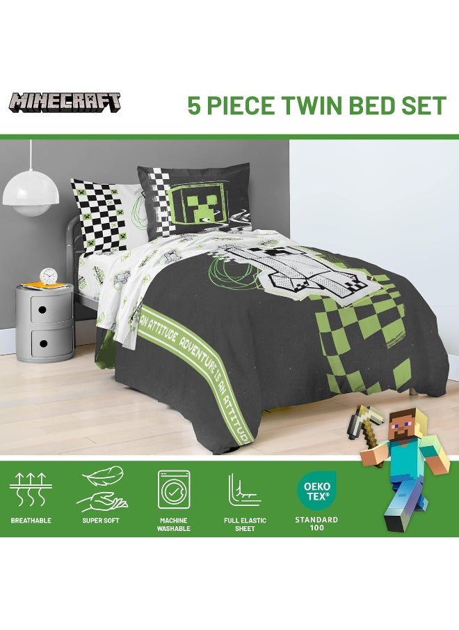 Jay Franco Minecraft Creeper Twin Comforter Set - 5 Piece Bedding Includes Sheet Set & Pillow Covers - Super Soft Green & Gray Bedding