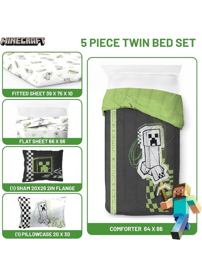 Jay Franco Minecraft Creeper Twin Comforter Set - 5 Piece Bedding Includes Sheet Set & Pillow Covers - Super Soft Green & Gray Bedding