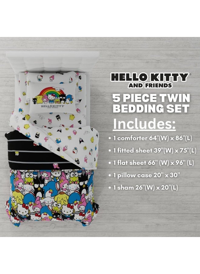 Franco Collectibles Sanrio Hello Kitty & Friends Bedding 5 Piece Super Soft Comforter and Sheet Set with Sham, Twin