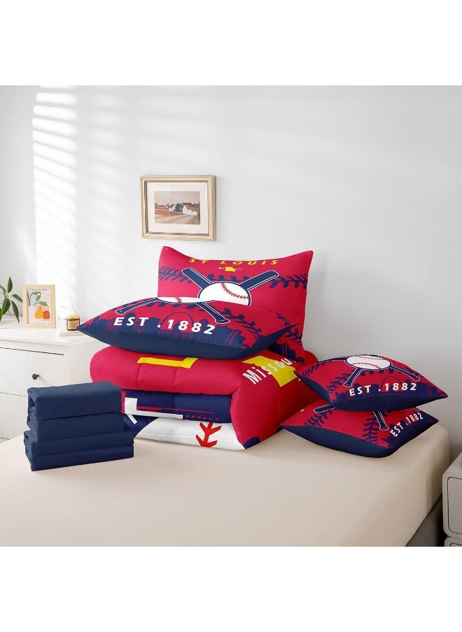 Erosebridal 7 Pcs Comforter Set Twin Size, Baseball Bed in a Bag with Flat Sheet and Fitted Sheet for Kids, Baseball Patchwork Bedding Set with Pillowcase and Sham (ST Louis)