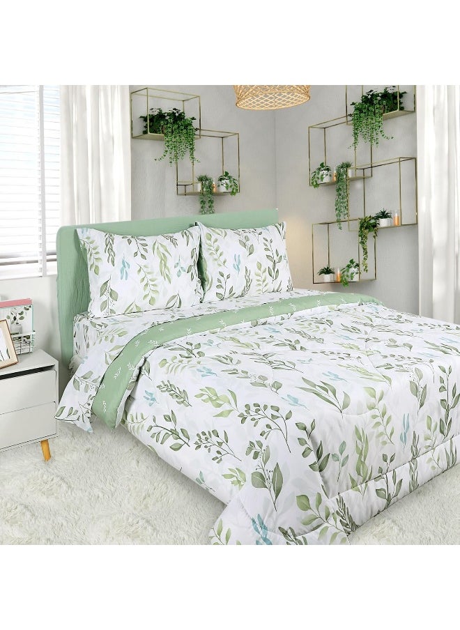 DILIMI Twin Comforter Set for Girls, Reversible 5 Pieces Comforter Twin Size Bed, Green Leaf Ultra Soft Twin Bedding Sets with Comforter, Flat Sheet, Fitted Sheet, 2 Pillowcase