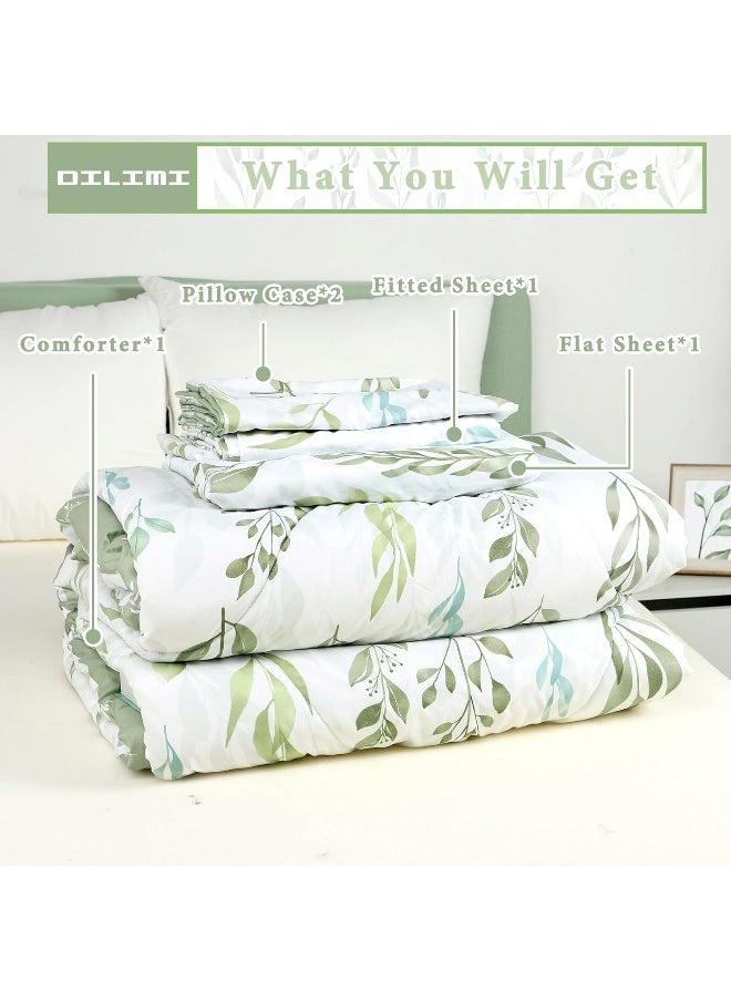 DILIMI Twin Comforter Set for Girls, Reversible 5 Pieces Comforter Twin Size Bed, Green Leaf Ultra Soft Twin Bedding Sets with Comforter, Flat Sheet, Fitted Sheet, 2 Pillowcase