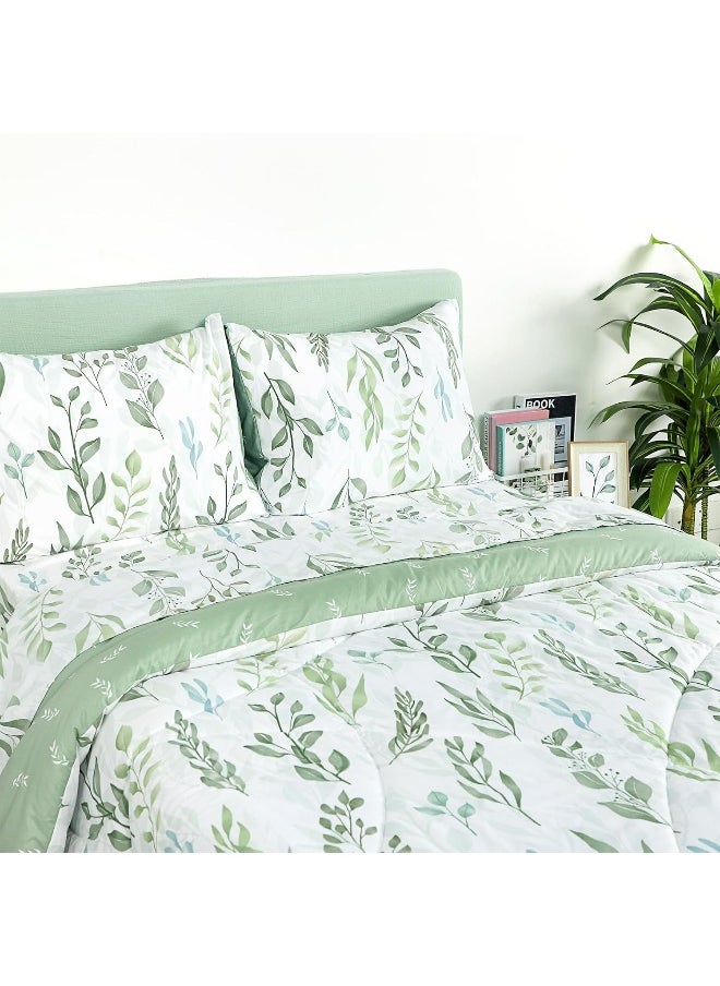 DILIMI Twin Comforter Set for Girls, Reversible 5 Pieces Comforter Twin Size Bed, Green Leaf Ultra Soft Twin Bedding Sets with Comforter, Flat Sheet, Fitted Sheet, 2 Pillowcase