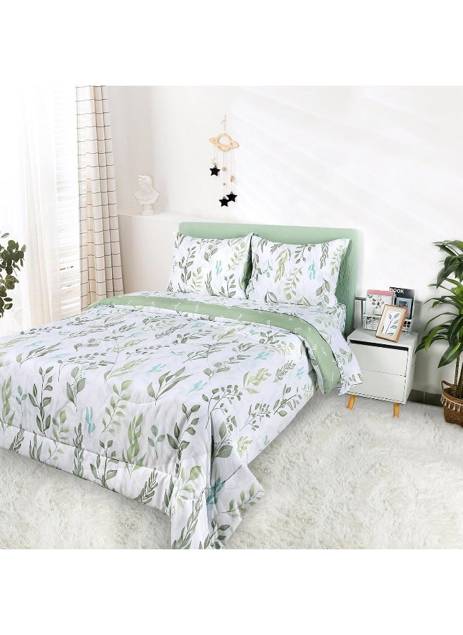DILIMI Twin Comforter Set for Girls, Reversible 5 Pieces Comforter Twin Size Bed, Green Leaf Ultra Soft Twin Bedding Sets with Comforter, Flat Sheet, Fitted Sheet, 2 Pillowcase