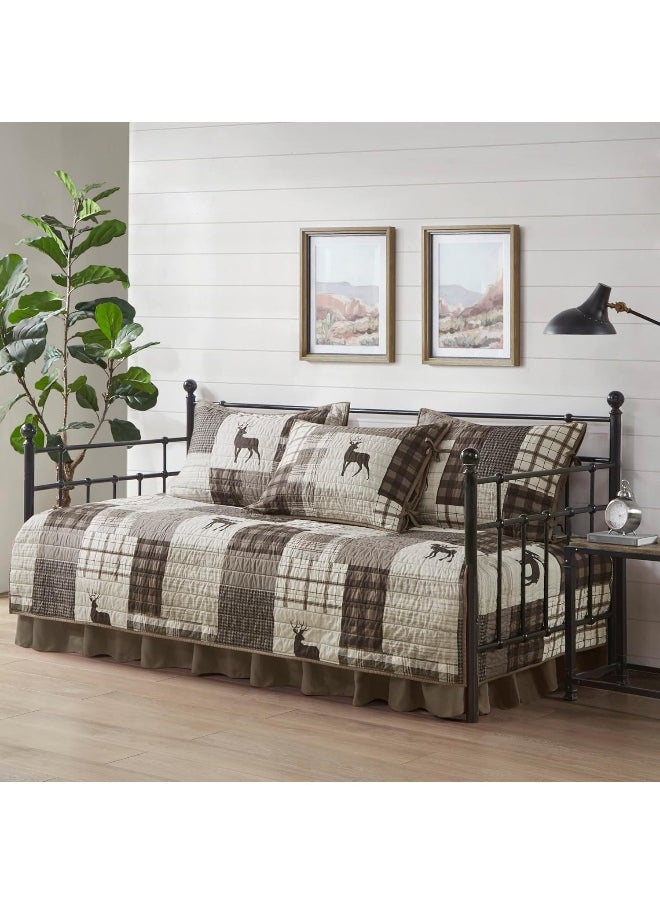 Woolrich Woodshed Daybed Cover Set - Cabin Lifestyle, Patchwork with Moose Design All Season, Lightweight and Breathable Cozy Bedding Layer with Bedskirt, Matching Shams, 39
