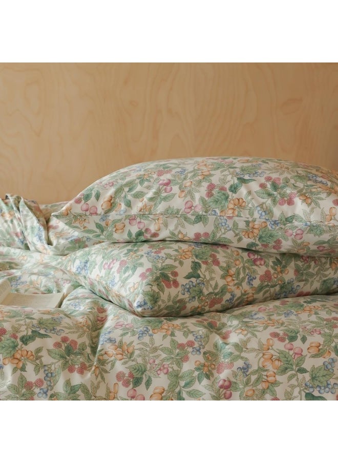 BlueBlue Fruit Duvet Cover Set Queen 100% Cotton Bedding for Kids Boys Girls Teens Cherry Blueberry Green Leaf on White 1 Botanical Orchard Garden Full Comforter Cover 2 Pillow Shams, Queen