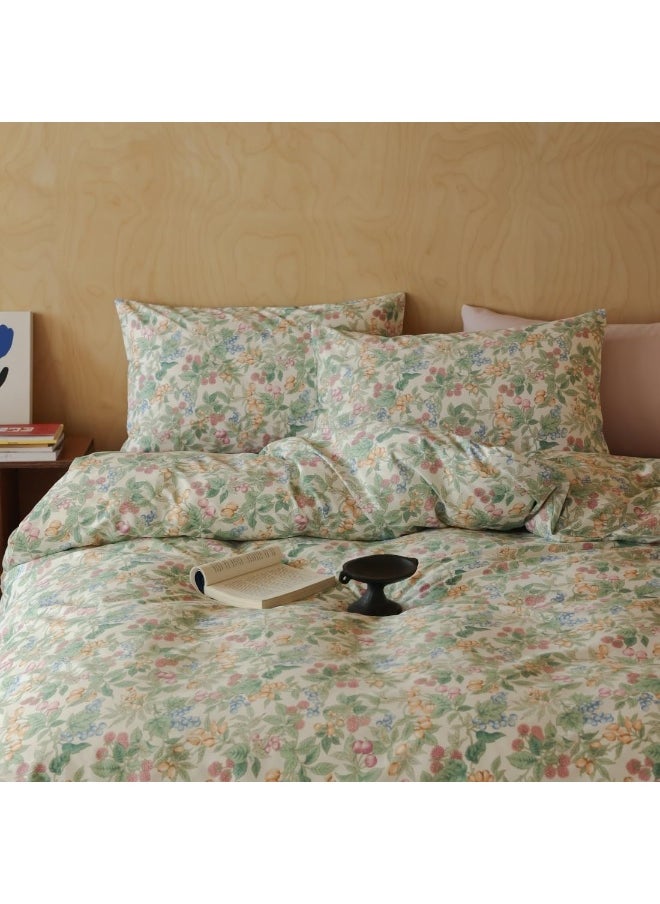 BlueBlue Fruit Duvet Cover Set Queen 100% Cotton Bedding for Kids Boys Girls Teens Cherry Blueberry Green Leaf on White 1 Botanical Orchard Garden Full Comforter Cover 2 Pillow Shams, Queen