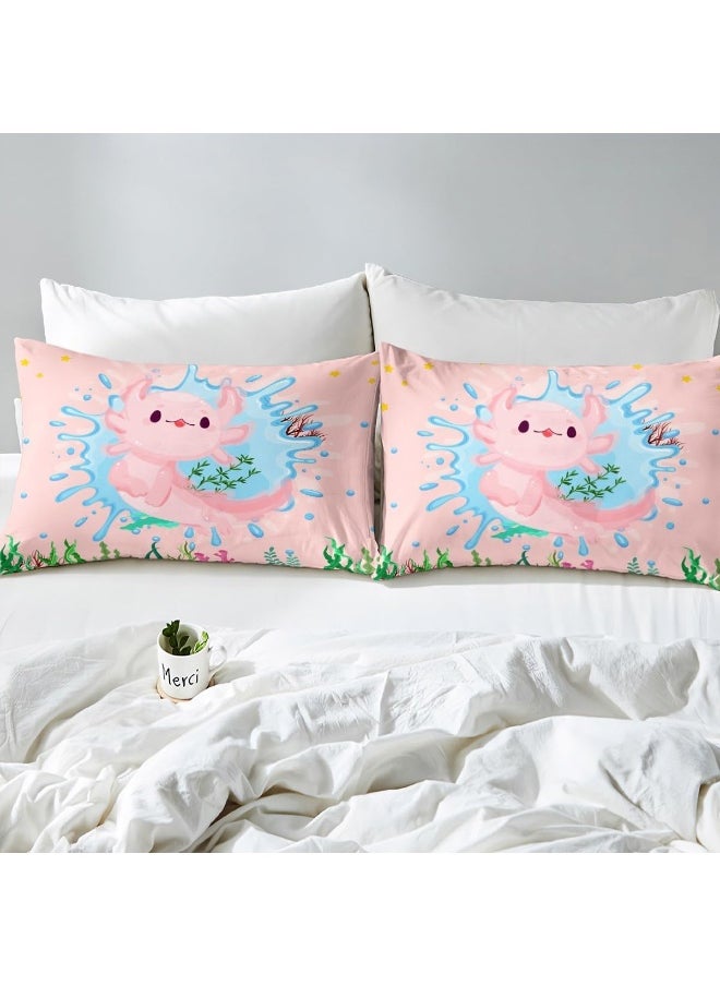 Cute Axolotl Kids Duvet Cover Set Twin Size, Cartoon Salamander Axolotl Ocean Bedding Set, Girls Boys Adults Room Decor, Coral Weeds Marine Life Comforter Cover, Pink Romantic Quilt Cover, 1 Pillowcase